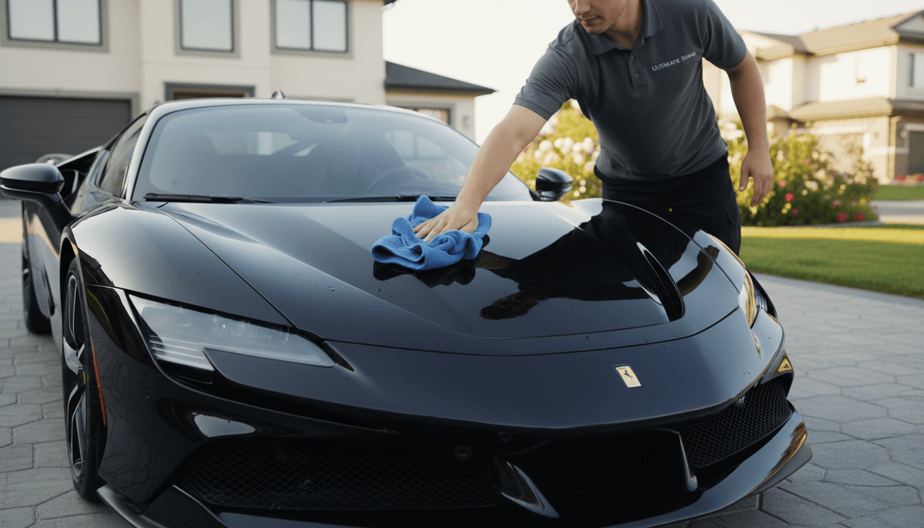 Professional car detailer polishing a vehicle in a residential driveway