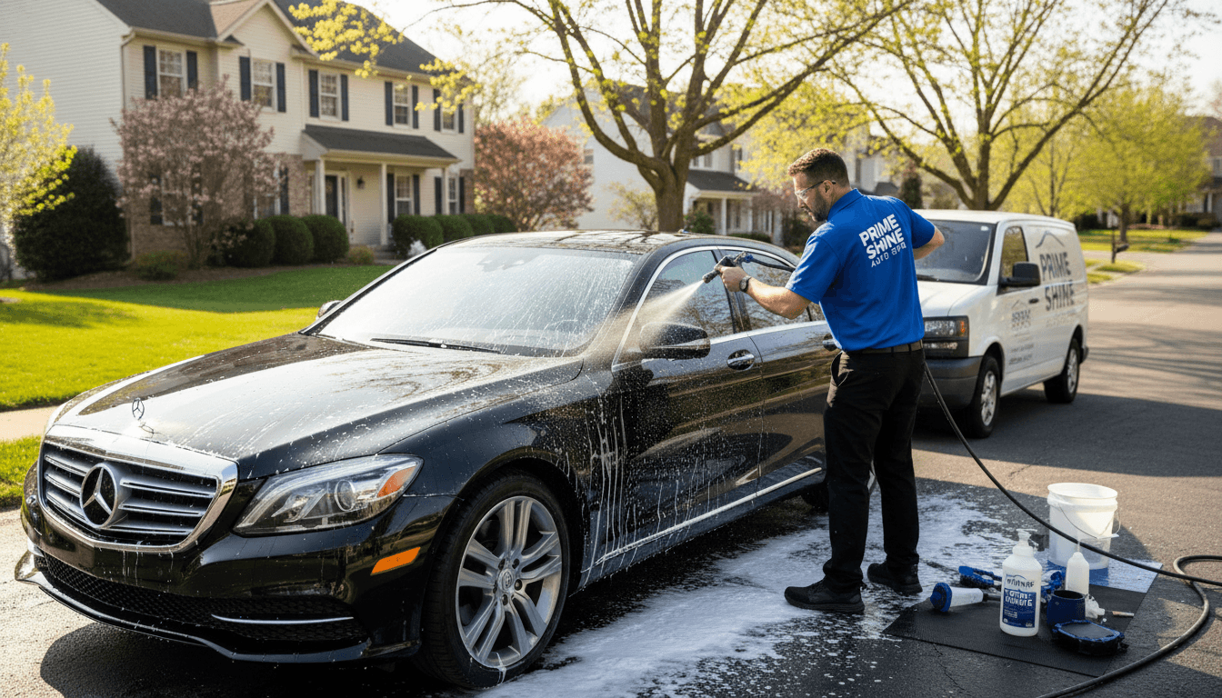Mobile car detailer cleaning a vehicle in a residential driveway