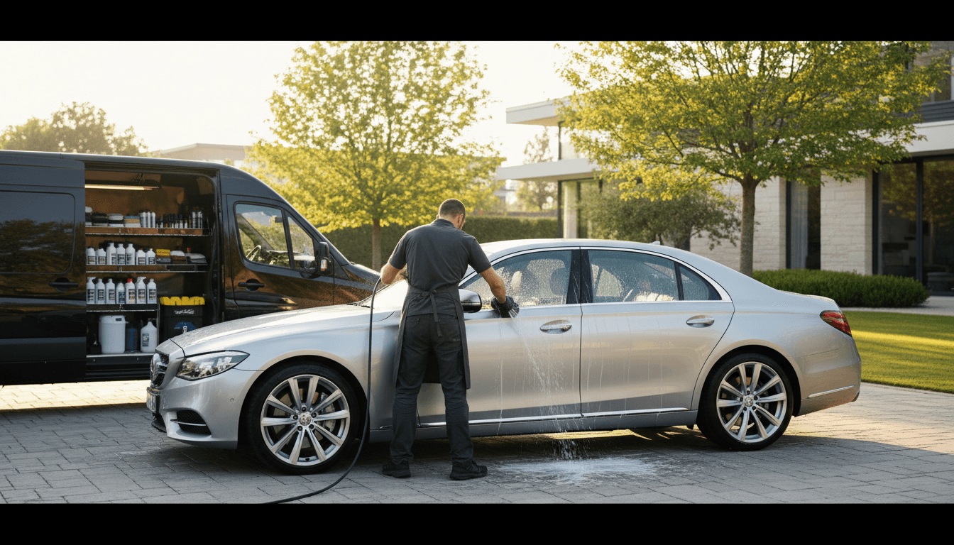 Professional car detailer cleaning a luxury sedan in a residential driveway