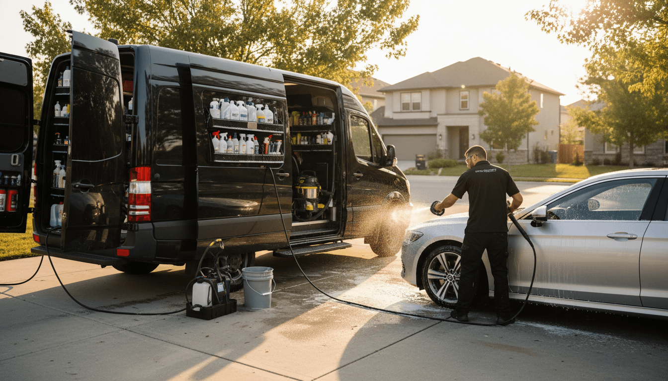 Professional mobile car detailer cleaning a car exterior in a residential driveway