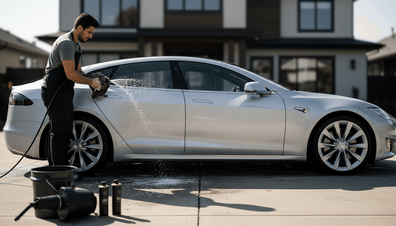 Mobile car detailing setup with professional products on a vehicle in a driveway