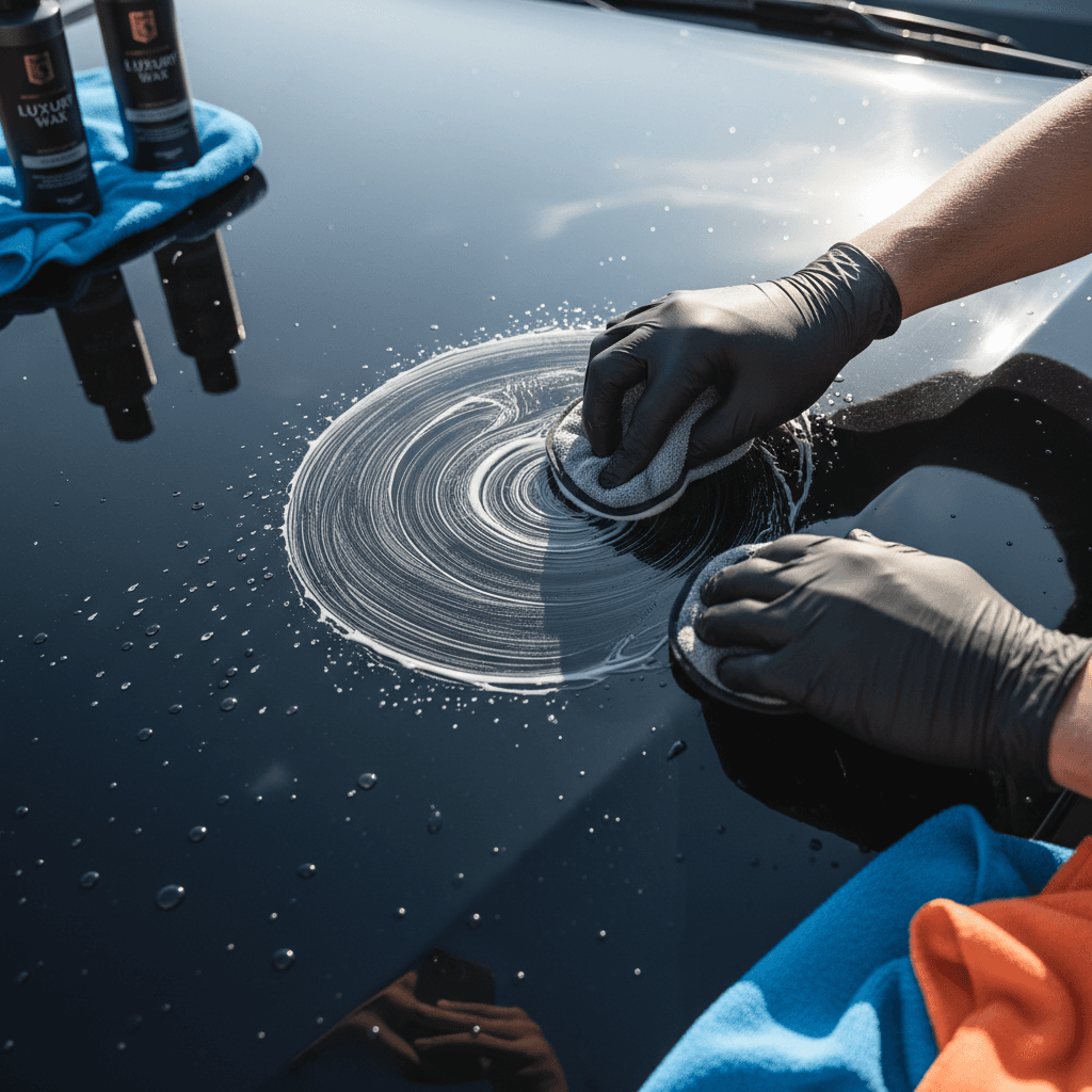 Professional detailing products on a car hood